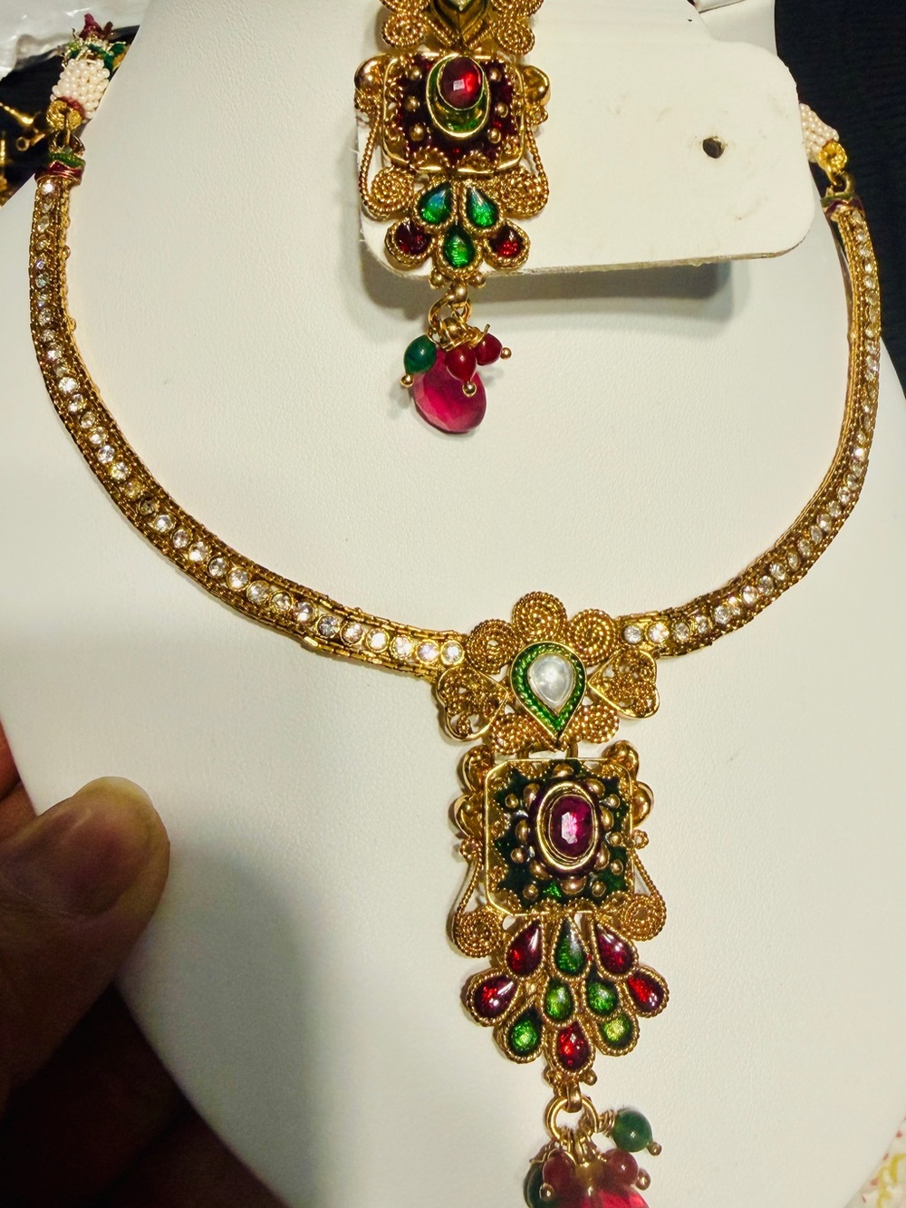 Multicolor Kundan Necklace Set with Earrings & Maang Tikka - Pink Green Ruby -